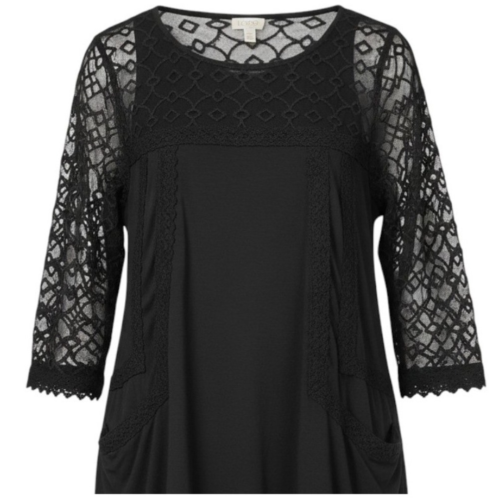 LOGO Lori Goldstein Tunic Top Womens M Black Lace Mesh Sleeve Boho Lagenlook